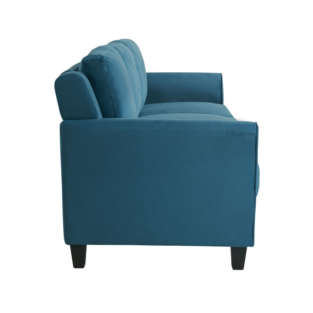 Side view of the iLounge Harvard Microfiber Sofa in teal, showcasing its upholstered design with tufted backrest and armrests. The sofa features clean lines and is supported by four black legs. The background is plain white.