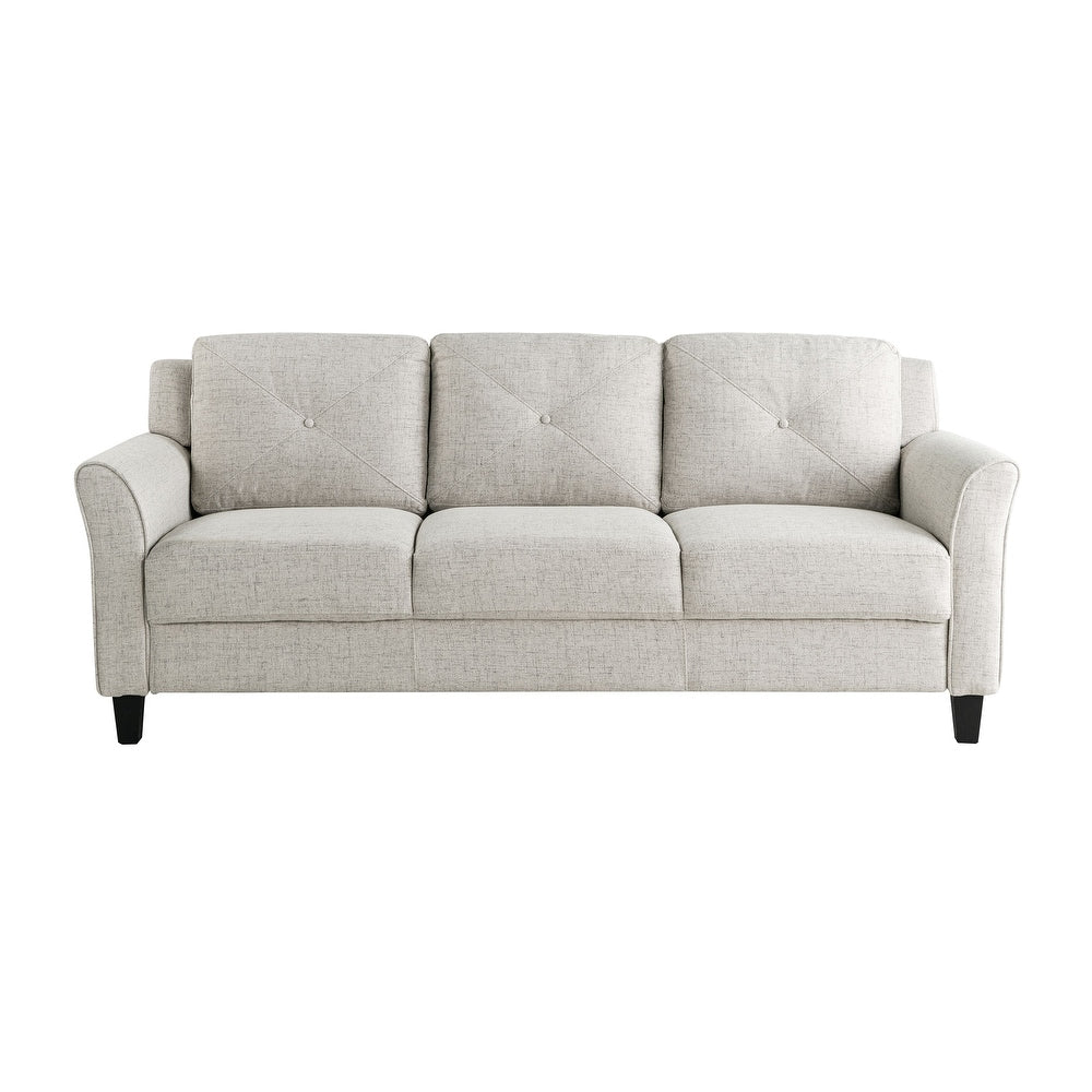 Introducing the iLounge Harvard Microfiber Sofa, a light gray, three-seater with a modern aesthetic. This sofa showcases plush cushions adorned with subtle buttoned detailing and is supported by dark, tapered wooden legs. It features padded arms and offers a clean, minimalist appearance.