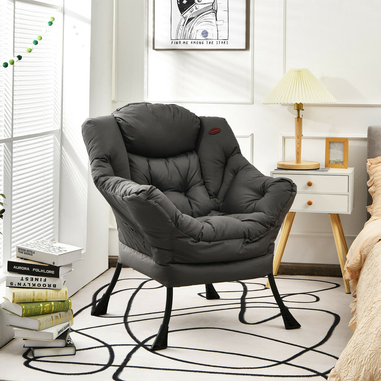 Modern Polyester Fabric Lazy Chair with Steel Frame and Side Pocket-Beige