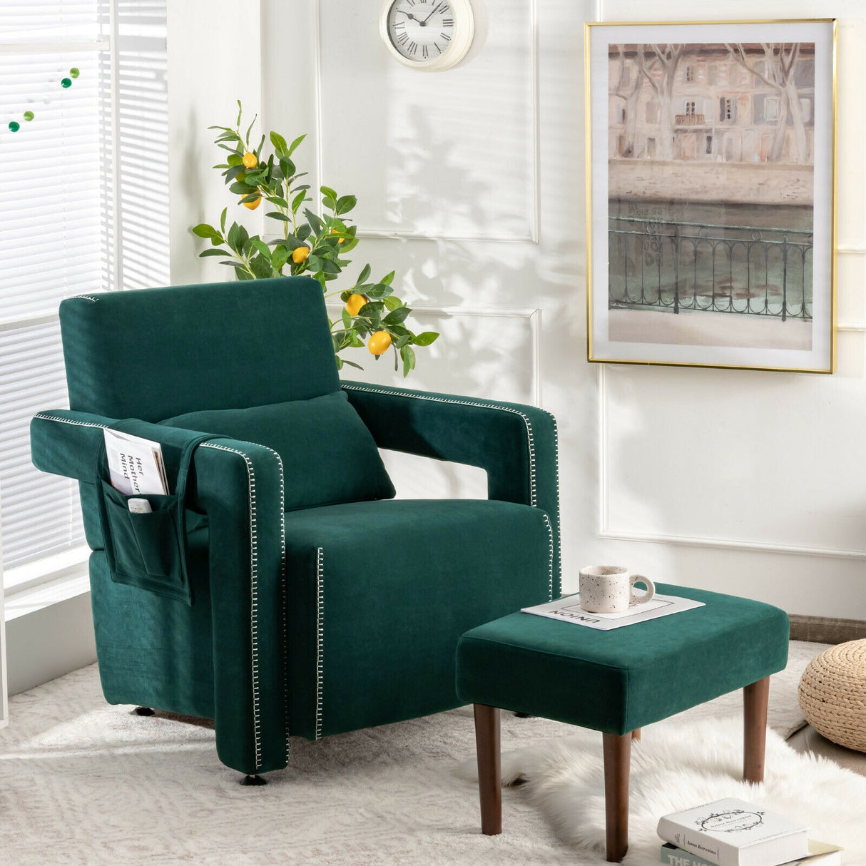 Modern Berber Fleece Single Sofa Chair with Ottoman and Waist Pillow-Blue