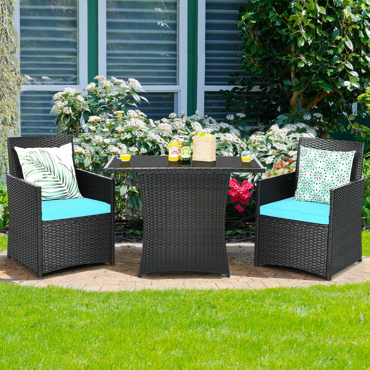 3 Pieces Patio Rattan Furniture Set with Cushion and Sofa Armrest-Red