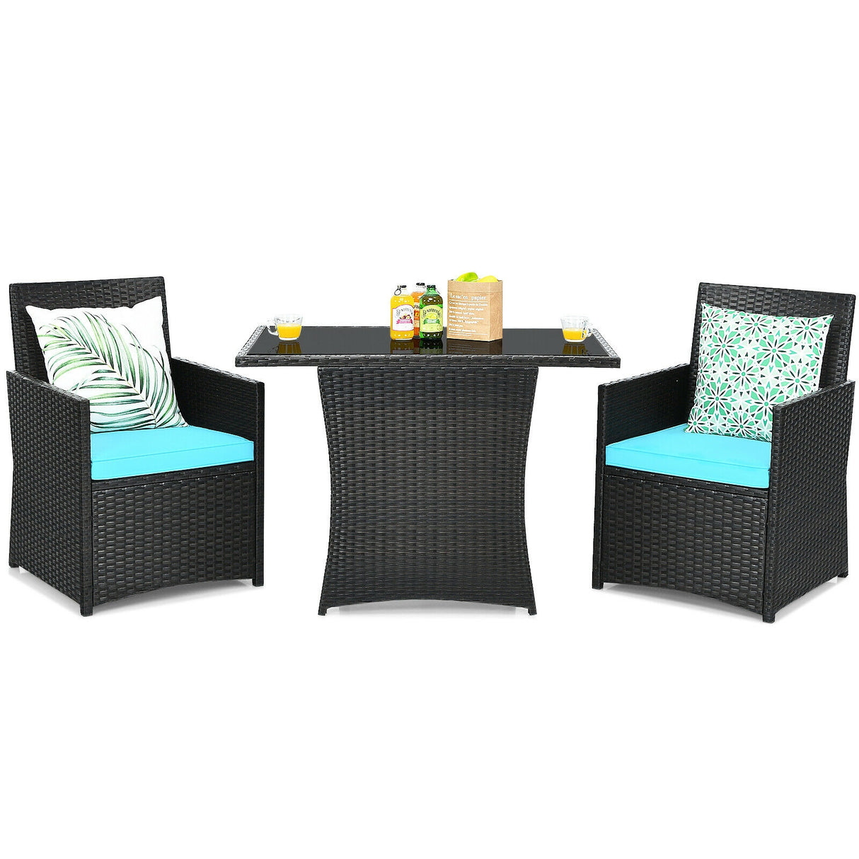 3 Pieces Patio Rattan Furniture Set with Cushion and Sofa Armrest-Red