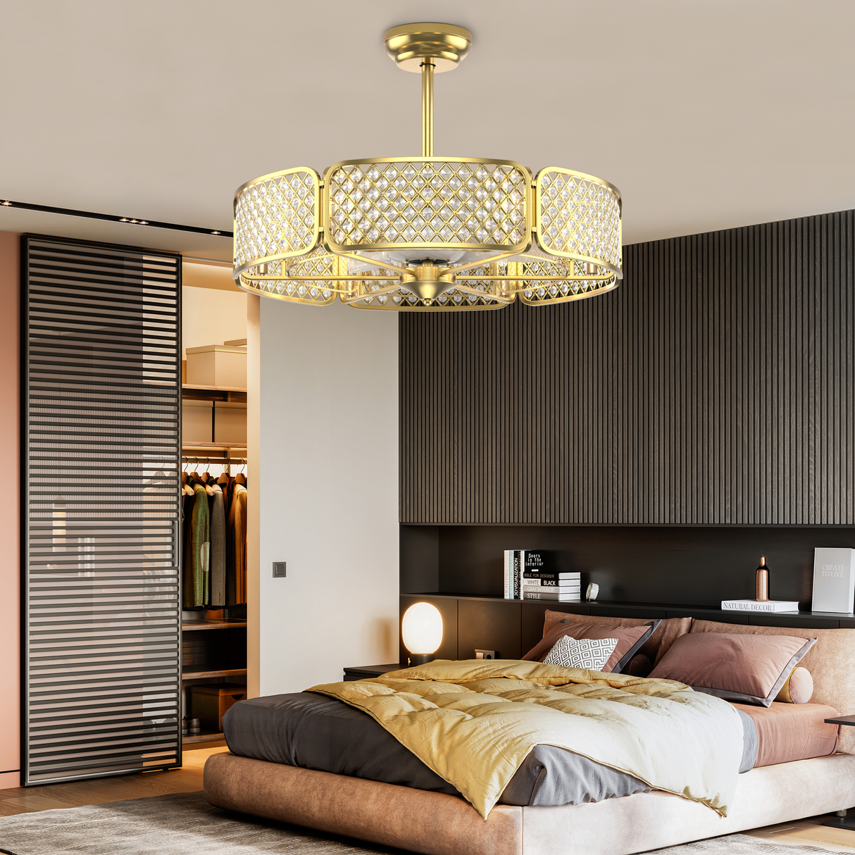30 Inch Caged Ceiling Fan With Light Crystal Lampshade 6 Light Bases-Brown