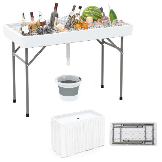 4 Foot Ice Cooler Folding Table Portable Ice Bin Table with Large Sink-White