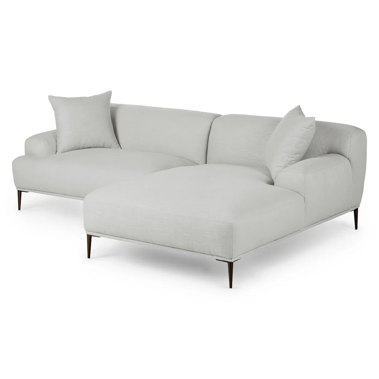 The Abisko 94.5 Right Sectional Aurora Blue is a contemporary sectional sofa in a modern design, featuring a chaise lounge on one side and two large cushions. Its sleek metal legs and light gray color make it an ideal choice for contemporary interiors.