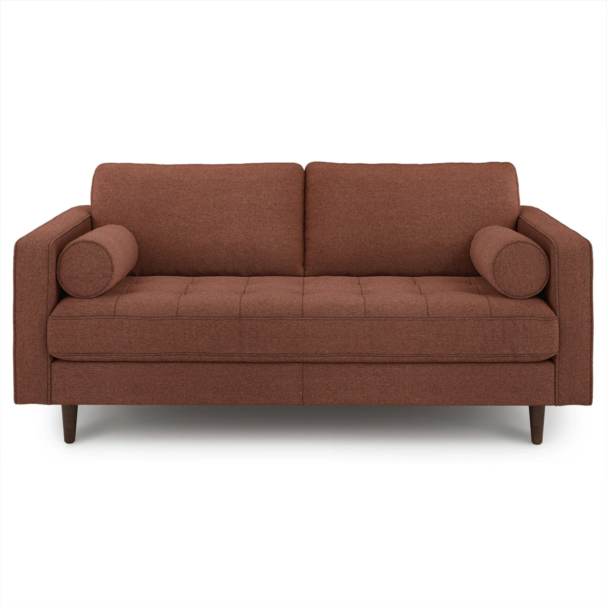 The Sven 72 Tufted Loveseat Ratine Oxide is a modern piece featuring clean lines and a tufted seat. It includes two cylindrical bolster cushions and rests on four wooden legs, embodying a minimalist design that emphasizes both comfort and style.