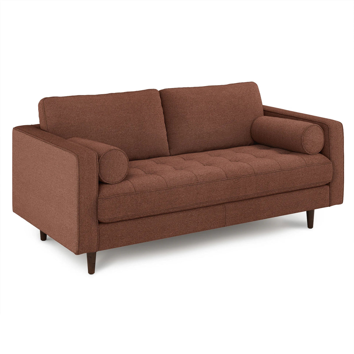Introducing the Sven 72 Tufted Loveseat Ratine Oxide: a mid-century modern piece in a warm brown hue, featuring two square back cushions, a tufted seat, and elegantly rounded armrests. This loveseat stands on wooden legs and boasts a sleek, minimalist design.