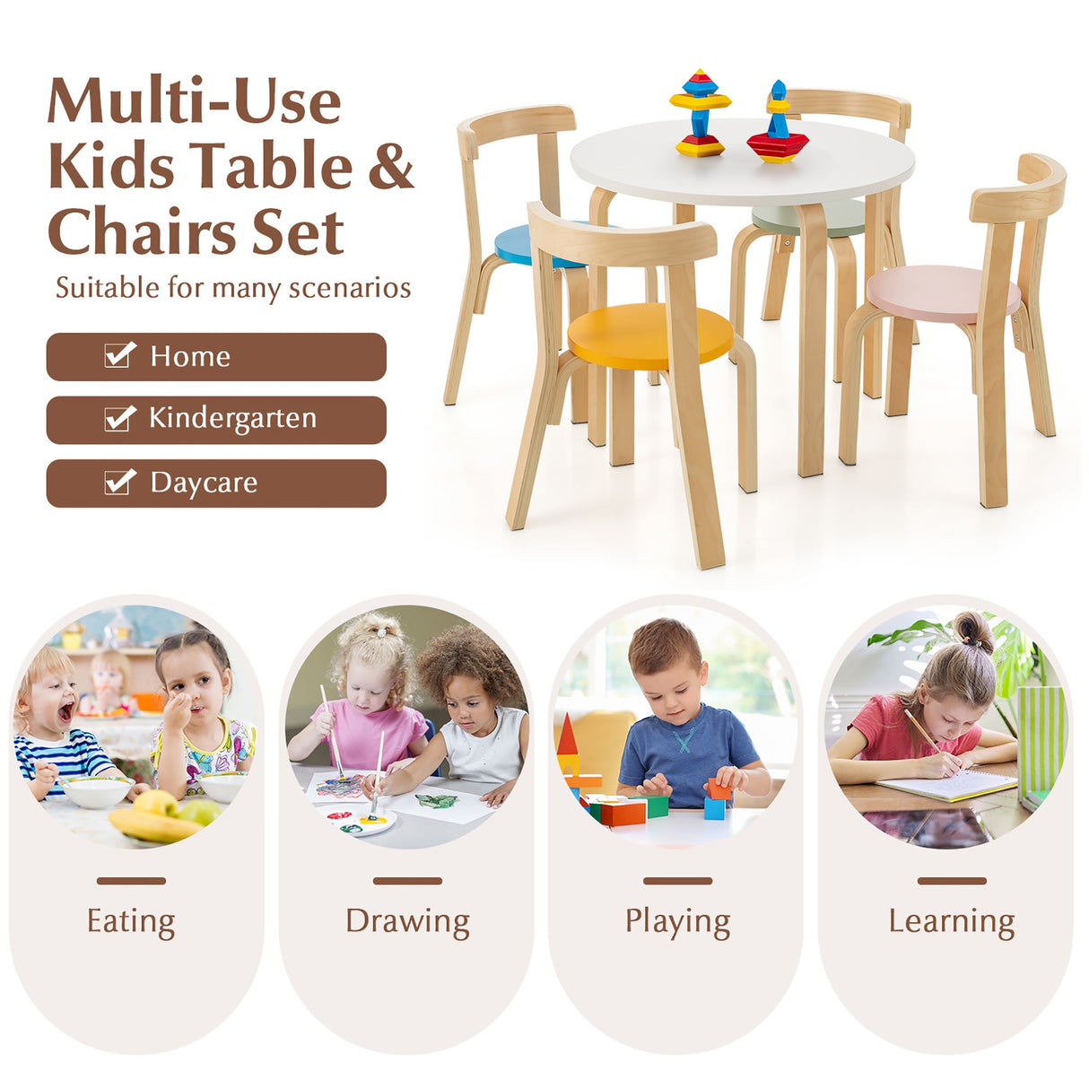 5-Piece Kids Wooden Curved Back Activity Table and Chair Set with Toy Bricks-Gray