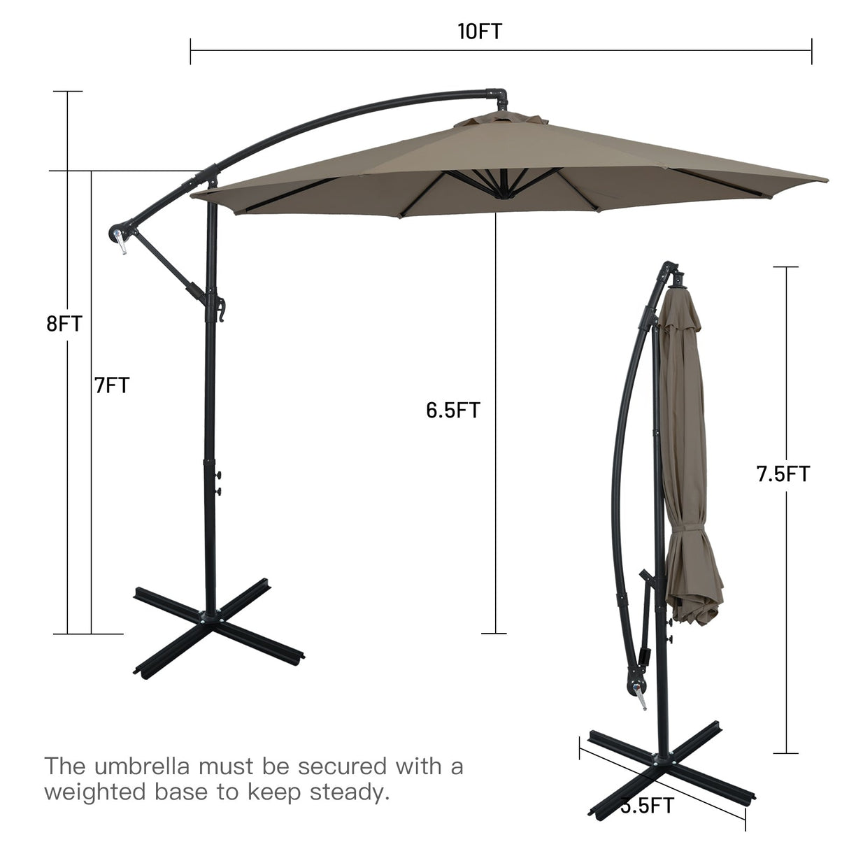 10 Feet Offset Umbrella with 8 Ribs Cantilever and Cross Base-Brown by DirectDeals