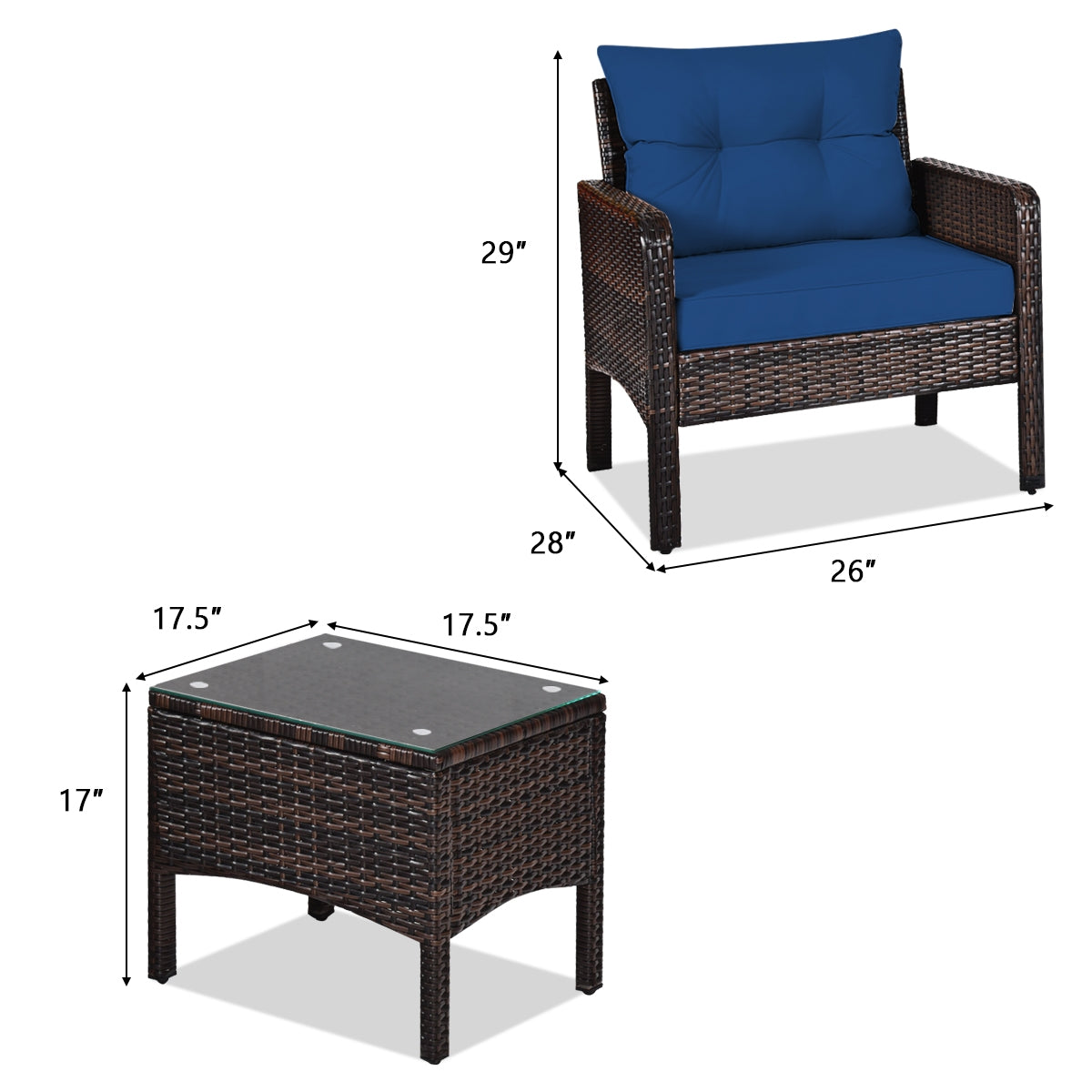 3 Pieces Outdoor Patio Rattan Conversation Set with Seat Cushions-Navy by DirectDeals