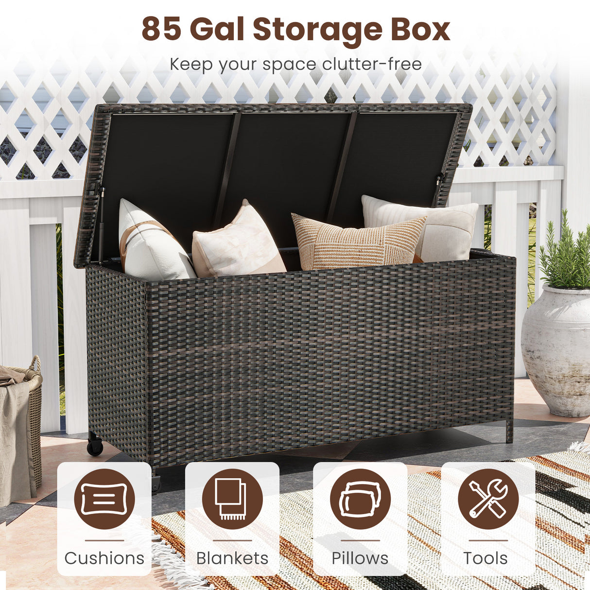 Indoor Outdoor 85 Gallon Storage Container with Waterproof Liner and Universal Wheels-Brown
