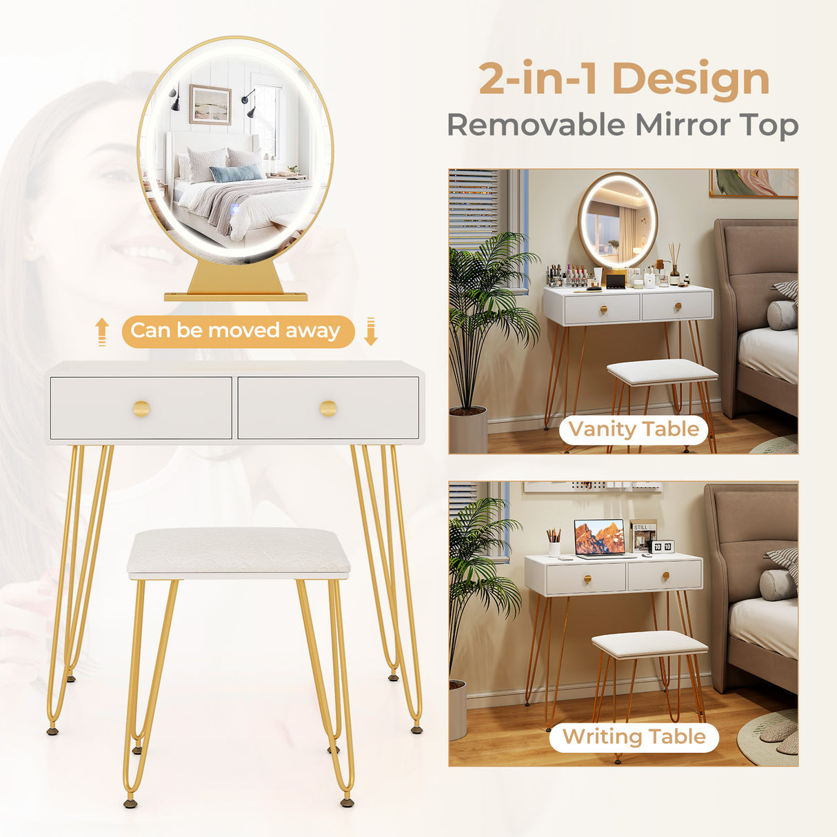 Industrial Makeup Dressing Table with 3 Lighting Modes-Rustic Brown