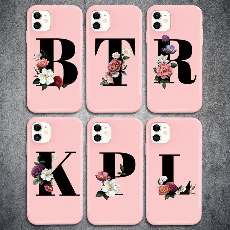 Initial Letter Silicon Phone Case For Iphone 12 Pro Max Retro Pink Flower Soft Back Cover Compatible With Iphone Case Soft Touch Cute Pink Silicone Back Cover For Iphone