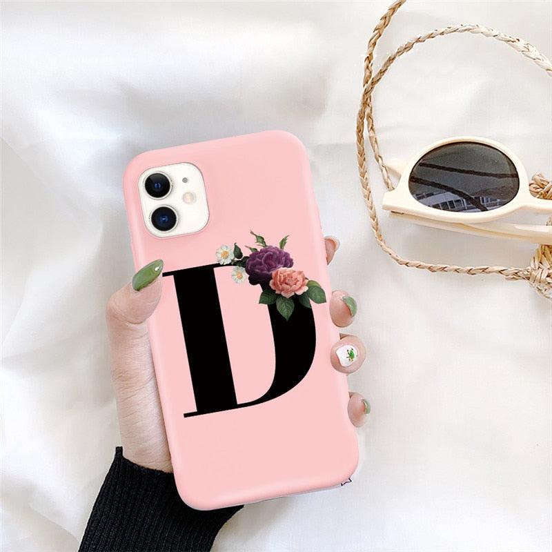 Initial Letter Silicon Phone Case For Iphone 12 Pro Max Retro Pink Flower Soft Back Cover Compatible With Iphone Case Soft Touch Cute Pink Silicone Back Cover For Iphone