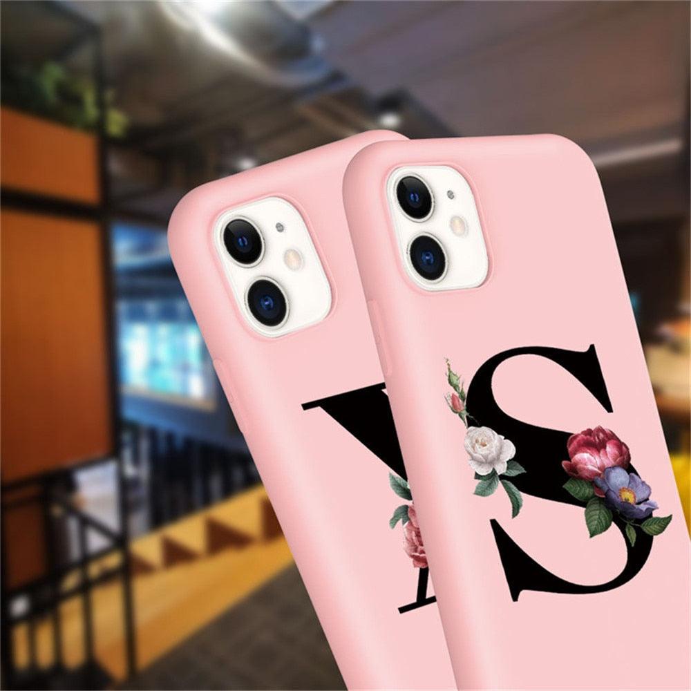 Initial Letter Silicon Phone Case For Iphone 12 Pro Max Retro Pink Flower Soft Back Cover Compatible With Iphone Case Soft Touch Cute Pink Silicone Back Cover For Iphone
