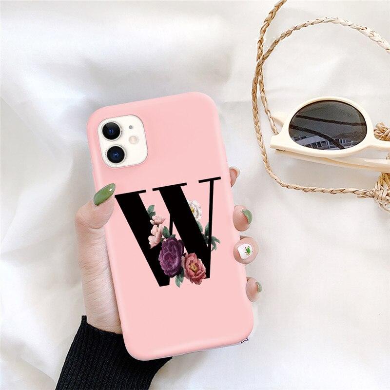 Initial Letter Silicon Phone Case For Iphone 12 Pro Max Retro Pink Flower Soft Back Cover Compatible With Iphone Case Soft Touch Cute Pink Silicone Back Cover For Iphone