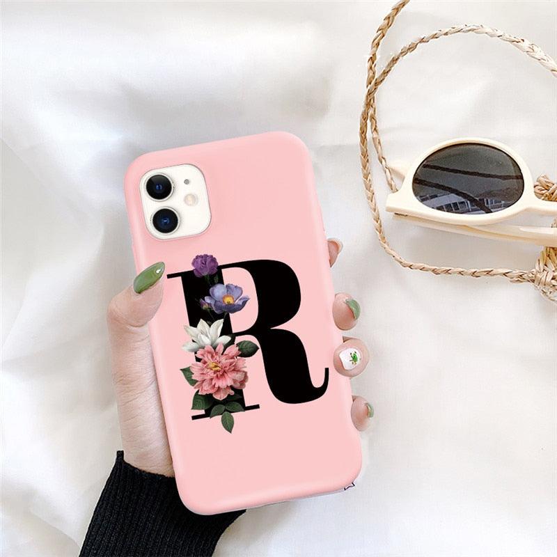 Initial Letter Silicon Phone Case For Iphone 12 Pro Max Retro Pink Flower Soft Back Cover Compatible With Iphone Case Soft Touch Cute Pink Silicone Back Cover For Iphone