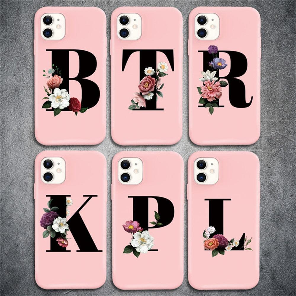 Initial Letter Silicon Phone Case For Iphone 12 Pro Max Retro Pink Flower Soft Back Cover Compatible With Iphone Case Soft Touch Cute Pink Silicone Back Cover For Iphone