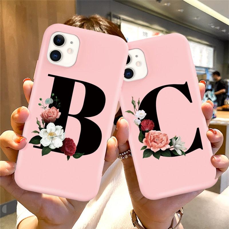 Initial Letter Silicon Phone Case For Iphone 12 Pro Max Retro Pink Flower Soft Back Cover Compatible With Iphone Case Soft Touch Cute Pink Silicone Back Cover For Iphone