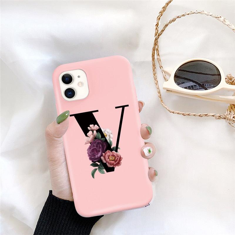 Initial Letter Silicon Phone Case For Iphone 12 Pro Max Retro Pink Flower Soft Back Cover Compatible With Iphone Case Soft Touch Cute Pink Silicone Back Cover For Iphone