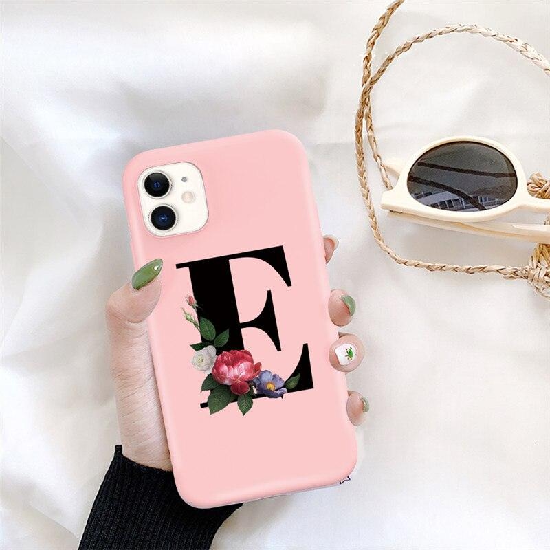 Initial Letter Silicon Phone Case For Iphone 12 Pro Max Retro Pink Flower Soft Back Cover Compatible With Iphone Case Soft Touch Cute Pink Silicone Back Cover For Iphone