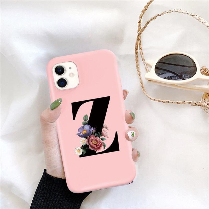 Initial Letter Silicon Phone Case For Iphone 12 Pro Max Retro Pink Flower Soft Back Cover Compatible With Iphone Case Soft Touch Cute Pink Silicone Back Cover For Iphone