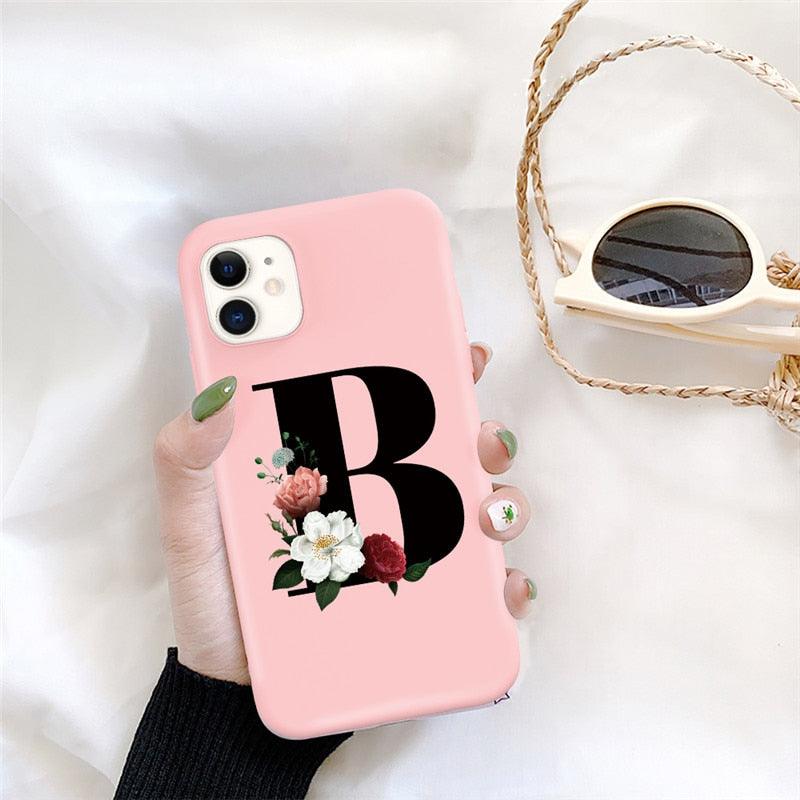 Initial Letter Silicon Phone Case For Iphone 12 Pro Max Retro Pink Flower Soft Back Cover Compatible With Iphone Case Soft Touch Cute Pink Silicone Back Cover For Iphone