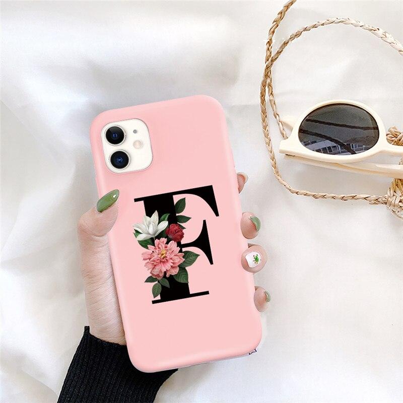 Initial Letter Silicon Phone Case For Iphone 12 Pro Max Retro Pink Flower Soft Back Cover Compatible With Iphone Case Soft Touch Cute Pink Silicone Back Cover For Iphone