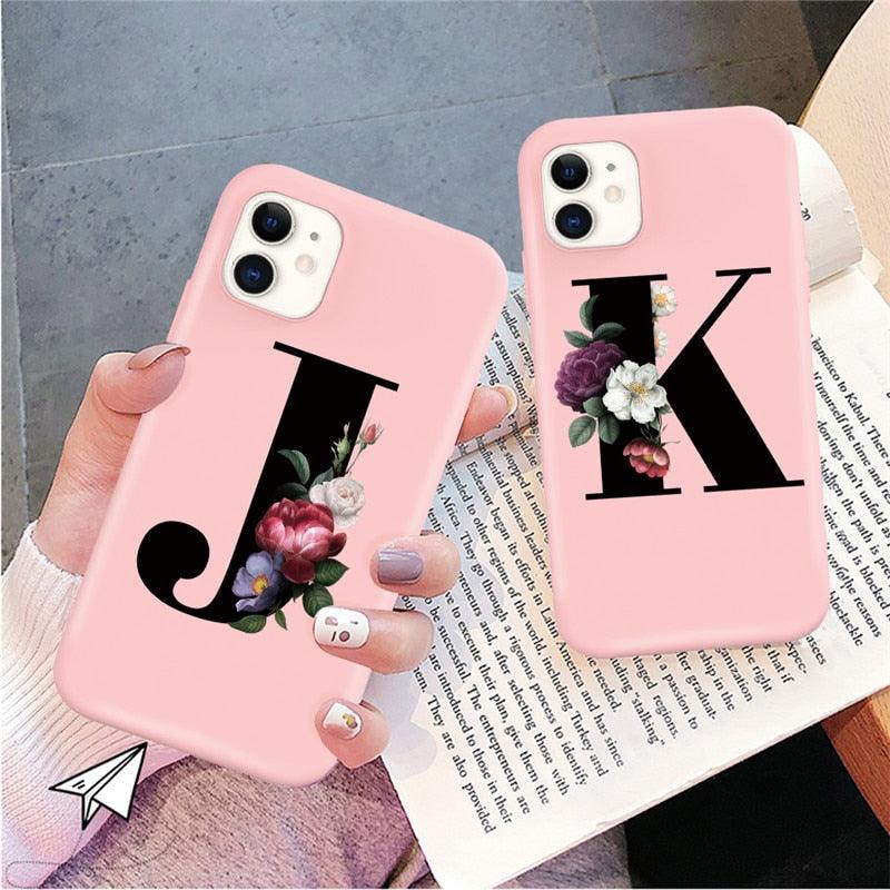 Initial Letter Silicon Phone Case For Iphone 12 Pro Max Retro Pink Flower Soft Back Cover Compatible With Iphone Case Soft Touch Cute Pink Silicone Back Cover For Iphone