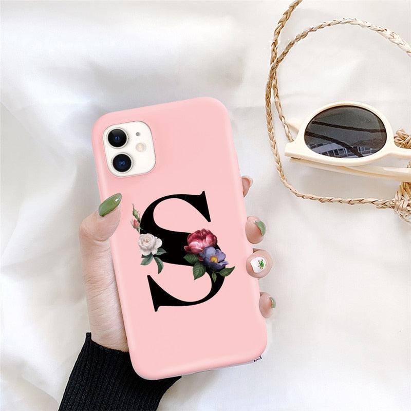 Initial Letter Silicon Phone Case For Iphone 12 Pro Max Retro Pink Flower Soft Back Cover Compatible With Iphone Case Soft Touch Cute Pink Silicone Back Cover For Iphone