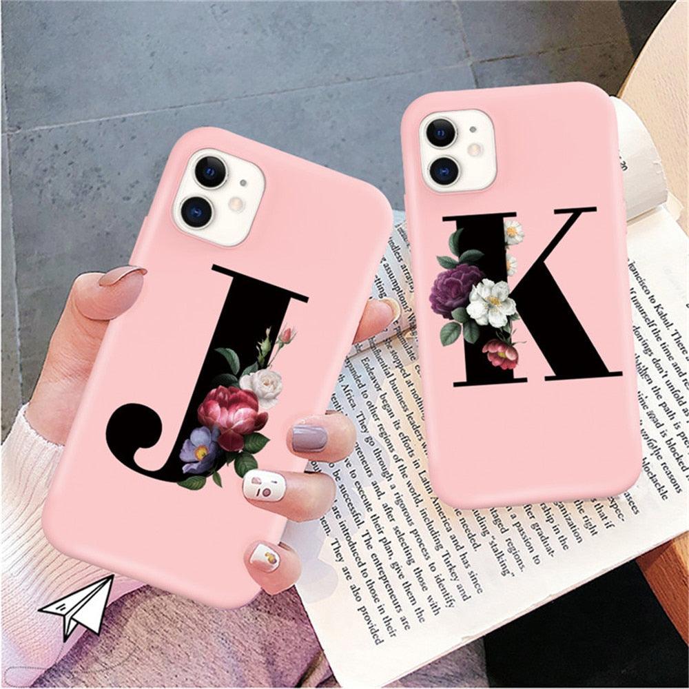 Initial Letter Silicon Phone Case For Iphone 12 Pro Max Retro Pink Flower Soft Back Cover Compatible With Iphone Case Soft Touch Cute Pink Silicone Back Cover For Iphone