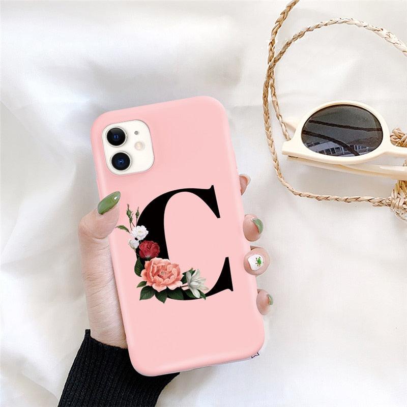 Initial Letter Silicon Phone Case For Iphone 12 Pro Max Retro Pink Flower Soft Back Cover Compatible With Iphone Case Soft Touch Cute Pink Silicone Back Cover For Iphone