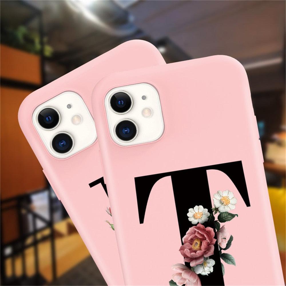 Initial Letter Silicon Phone Case For Iphone 12 Pro Max Retro Pink Flower Soft Back Cover Compatible With Iphone Case Soft Touch Cute Pink Silicone Back Cover For Iphone