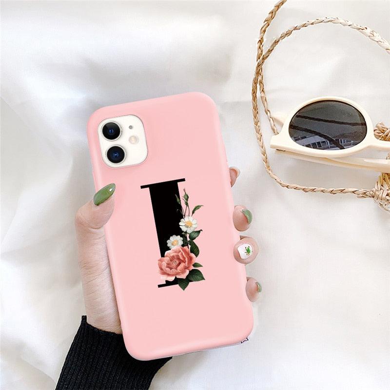 Initial Letter Silicon Phone Case For Iphone 12 Pro Max Retro Pink Flower Soft Back Cover Compatible With Iphone Case Soft Touch Cute Pink Silicone Back Cover For Iphone