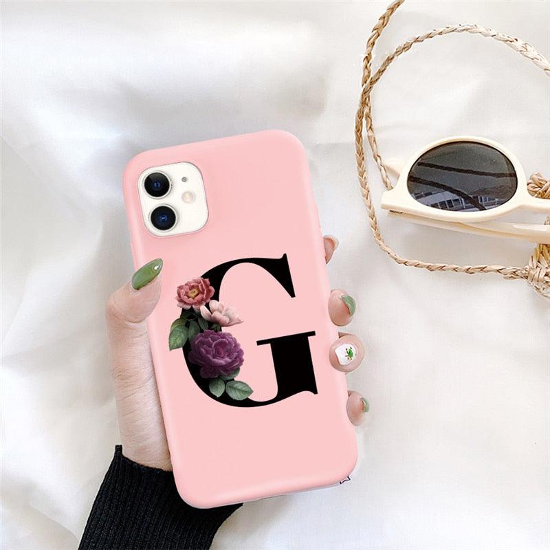 Initial Letter Silicon Phone Case For Iphone 12 Pro Max Retro Pink Flower Soft Back Cover Compatible With Iphone Case Soft Touch Cute Pink Silicone Back Cover For Iphone