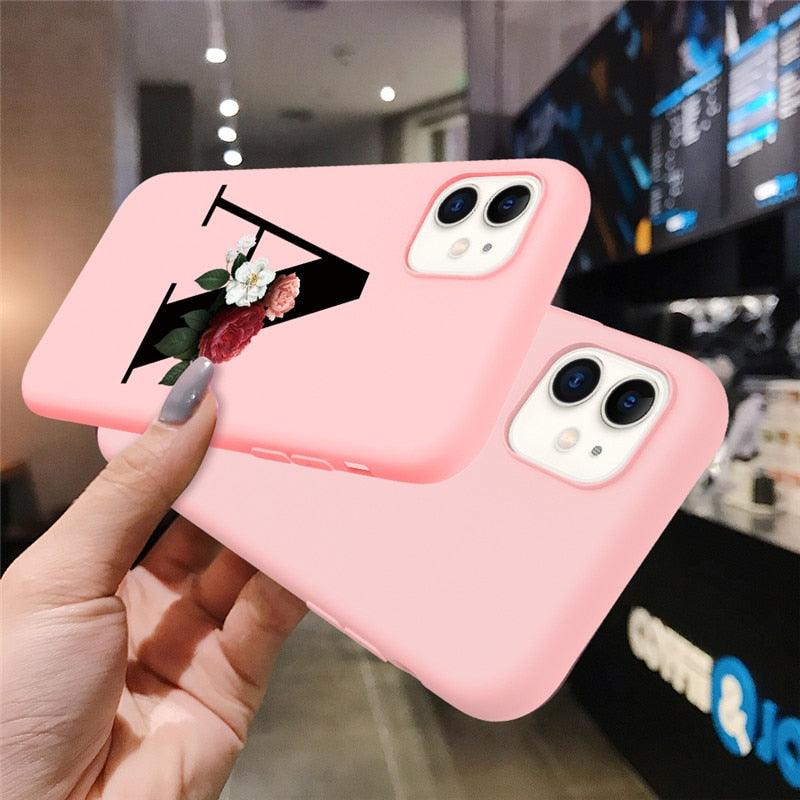 Initial Letter Silicon Phone Case For Iphone 12 Pro Max Retro Pink Flower Soft Back Cover Compatible With Iphone Case Soft Touch Cute Pink Silicone Back Cover For Iphone