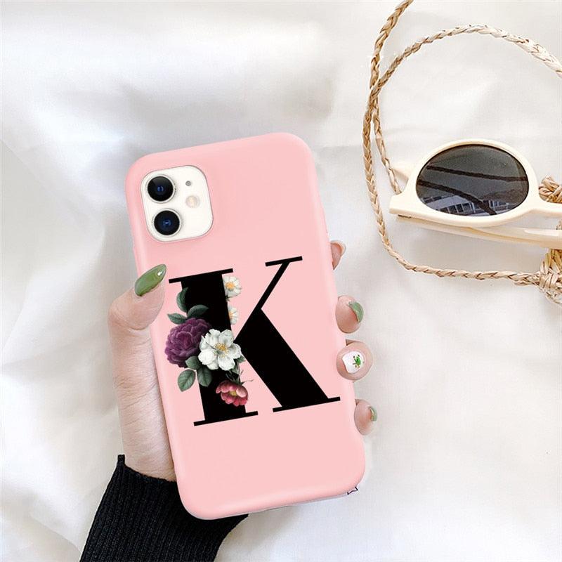 Initial Letter Silicon Phone Case For Iphone 12 Pro Max Retro Pink Flower Soft Back Cover Compatible With Iphone Case Soft Touch Cute Pink Silicone Back Cover For Iphone