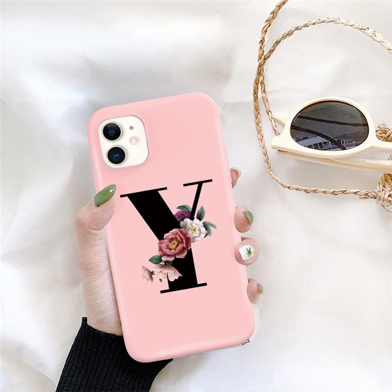 Initial Letter Silicon Phone Case For Iphone 12 Pro Max Retro Pink Flower Soft Back Cover Compatible With Iphone Case Soft Touch Cute Pink Silicone Back Cover For Iphone