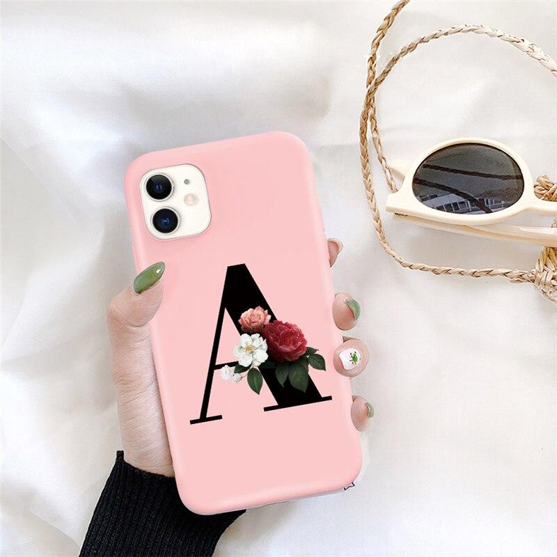 Initial Letter Silicon Phone Case For Iphone 12 Pro Max Retro Pink Flower Soft Back Cover Compatible With Iphone Case Soft Touch Cute Pink Silicone Back Cover For Iphone