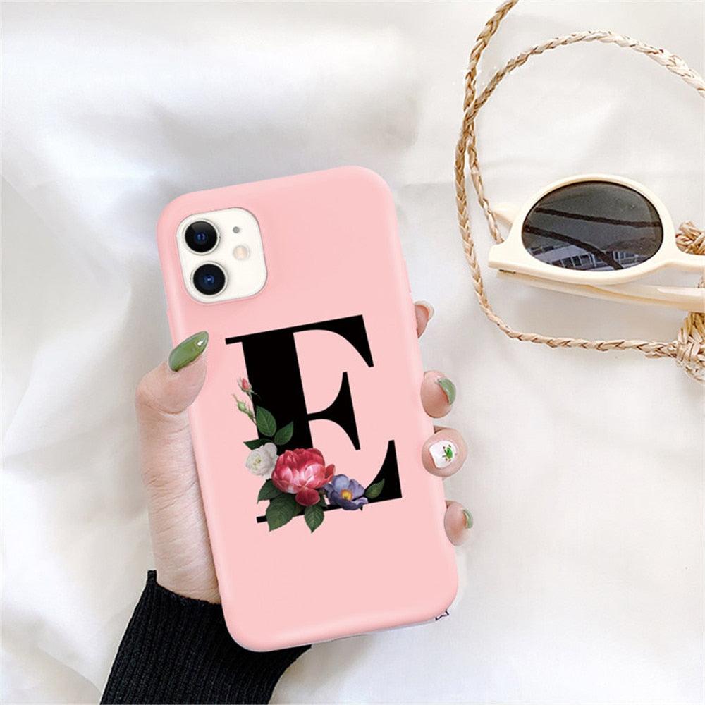 Initial Letter Silicon Phone Case For Iphone 12 Pro Max Retro Pink Flower Soft Back Cover Compatible With Iphone Case Soft Touch Cute Pink Silicone Back Cover For Iphone
