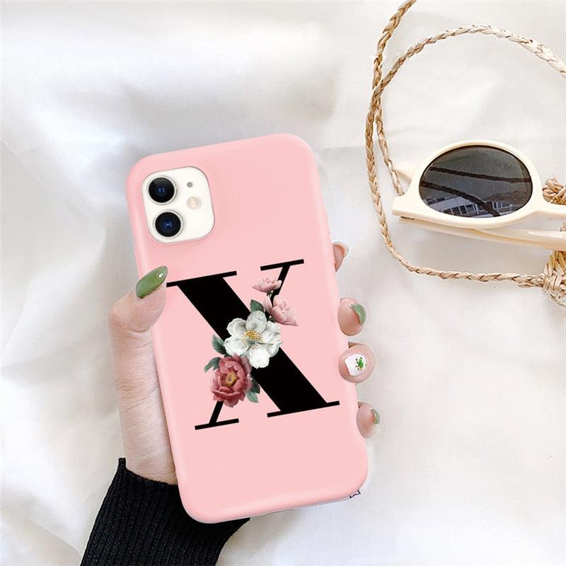 Initial Letter Silicon Phone Case For Iphone 12 Pro Max Retro Pink Flower Soft Back Cover Compatible With Iphone Case Soft Touch Cute Pink Silicone Back Cover For Iphone