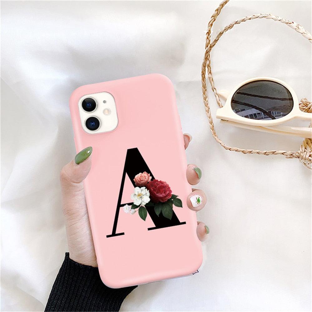 Initial Letter Silicon Phone Case For Iphone 12 Pro Max Retro Pink Flower Soft Back Cover Compatible With Iphone Case Soft Touch Cute Pink Silicone Back Cover For Iphone