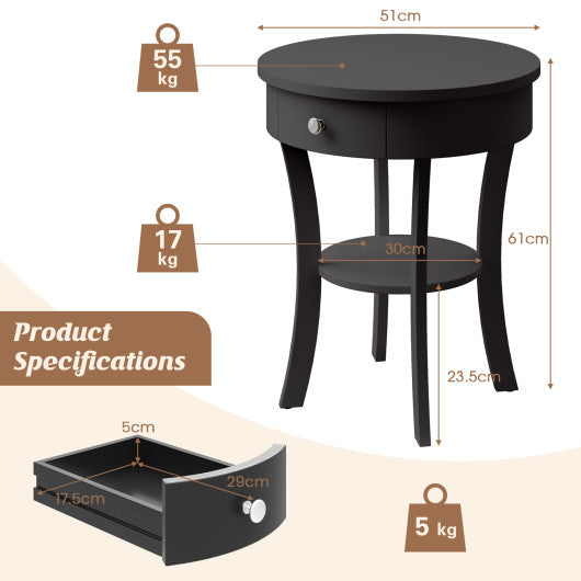2-Tier Wood Round End Table with Open Drawer-Black