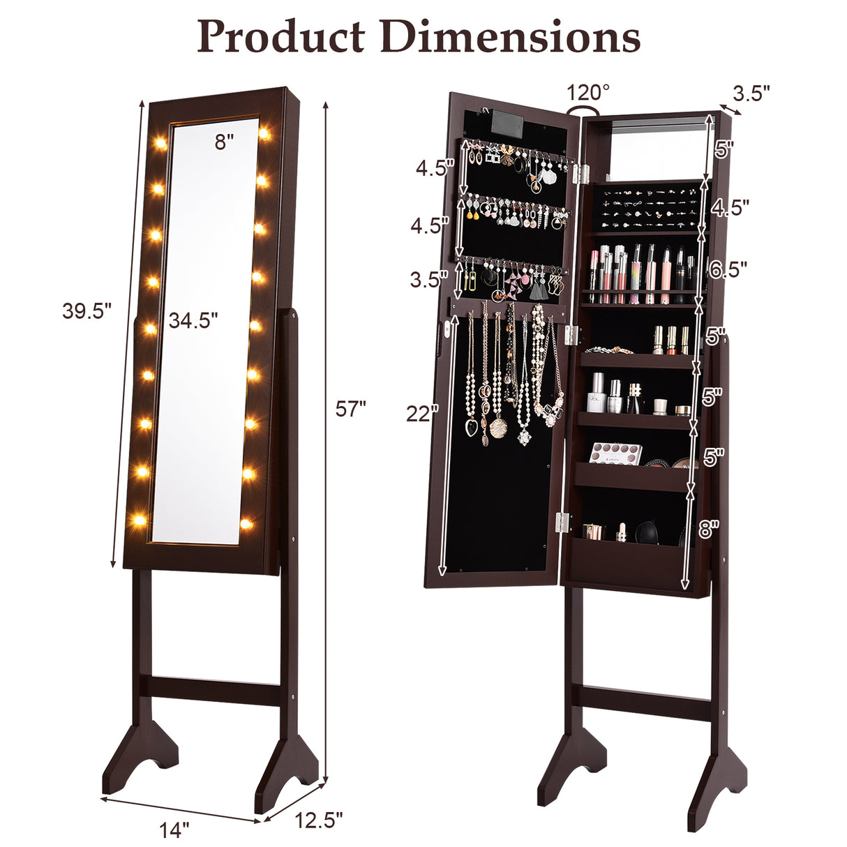 Mirrored Jewelry Cabinet Armoire Organizer w/ LED lights-Black