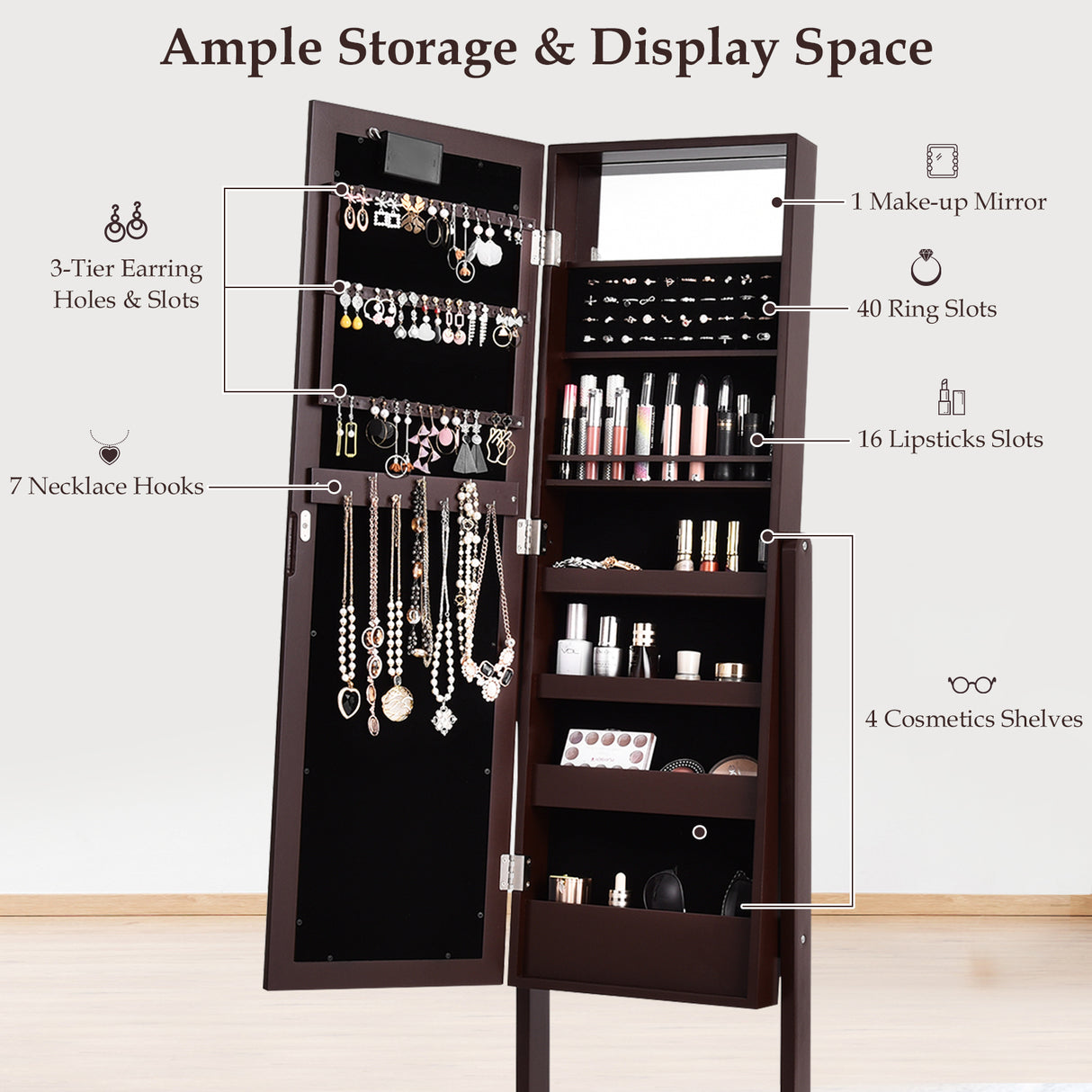 Mirrored Jewelry Cabinet Armoire Organizer w/ LED lights-Black
