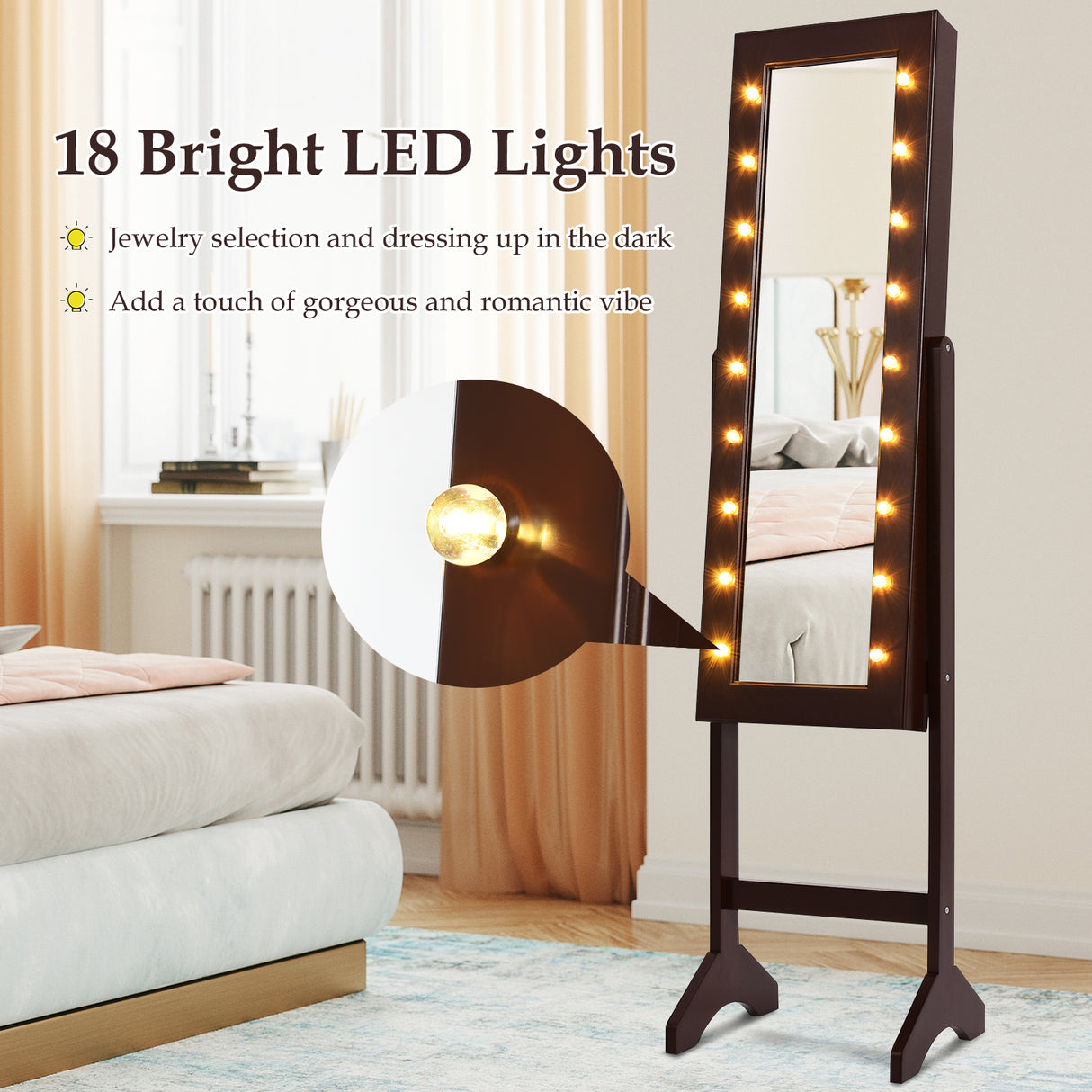 Mirrored Jewelry Cabinet Armoire Organizer w/ LED lights-Black