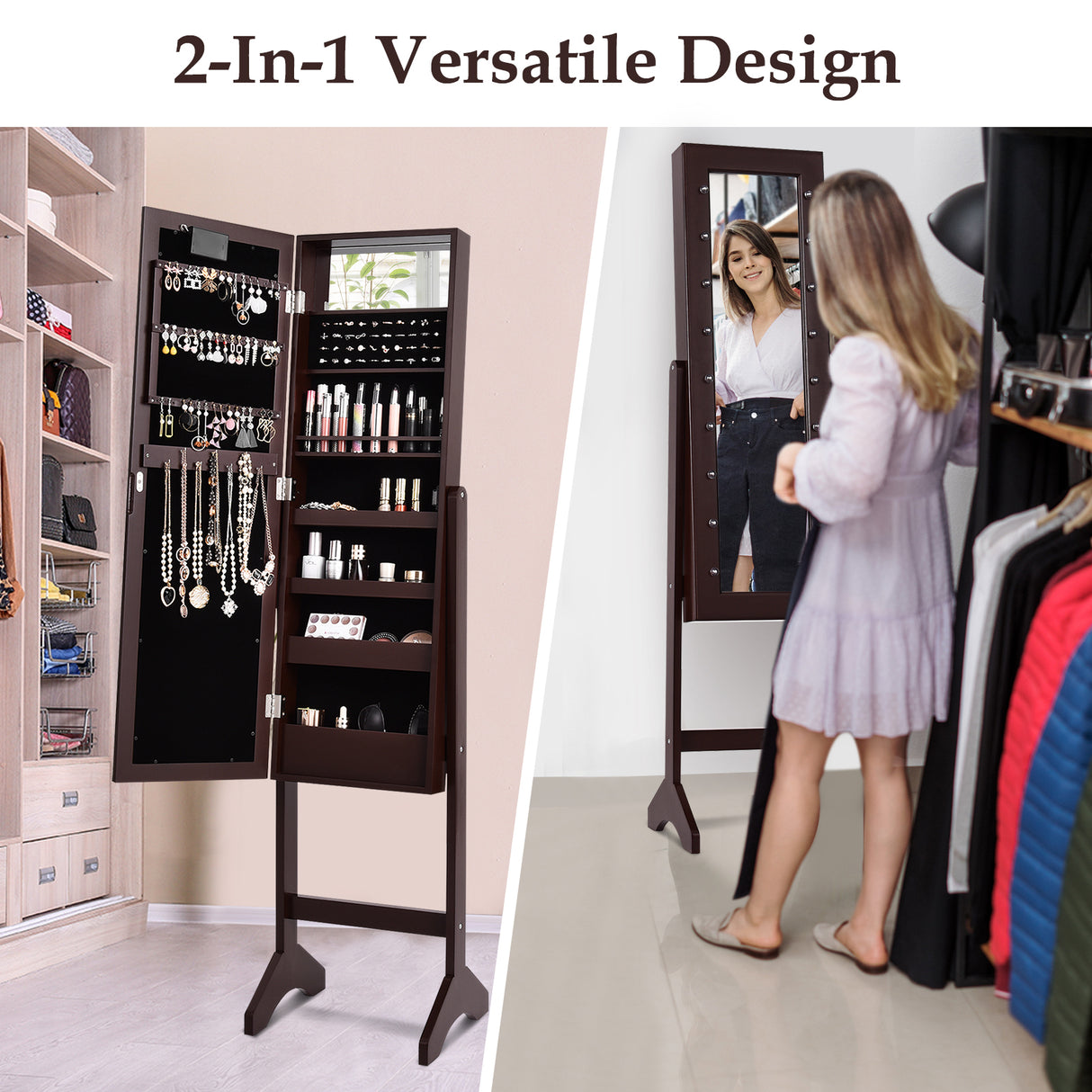 Mirrored Jewelry Cabinet Armoire Organizer w/ LED lights-Black