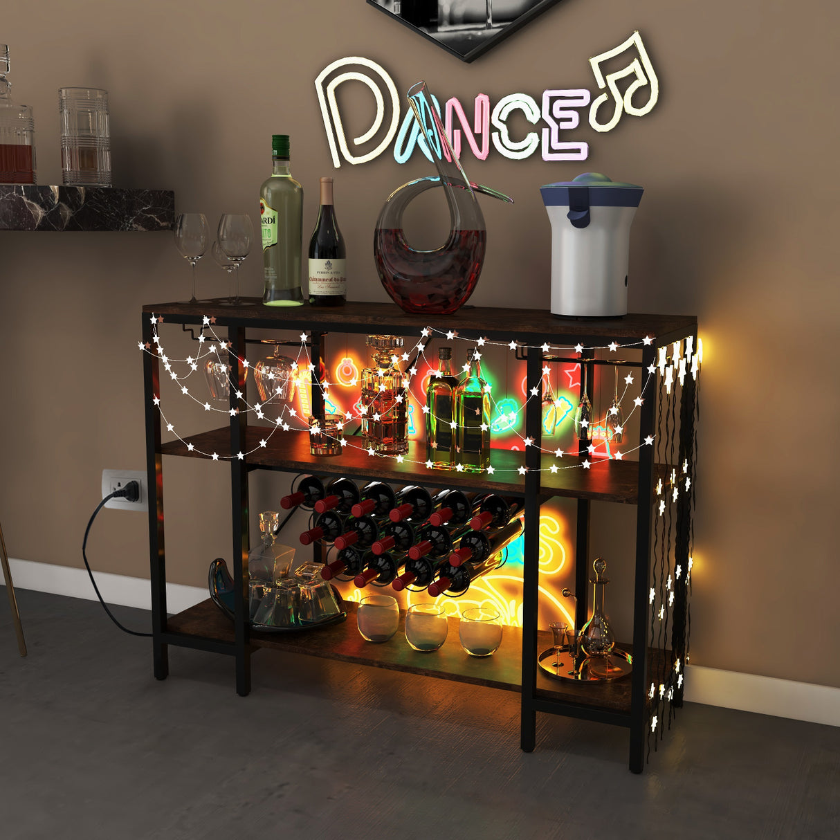 Industrial Wine Rack Wine Bar Cabinet with Storage Shelves-Brown