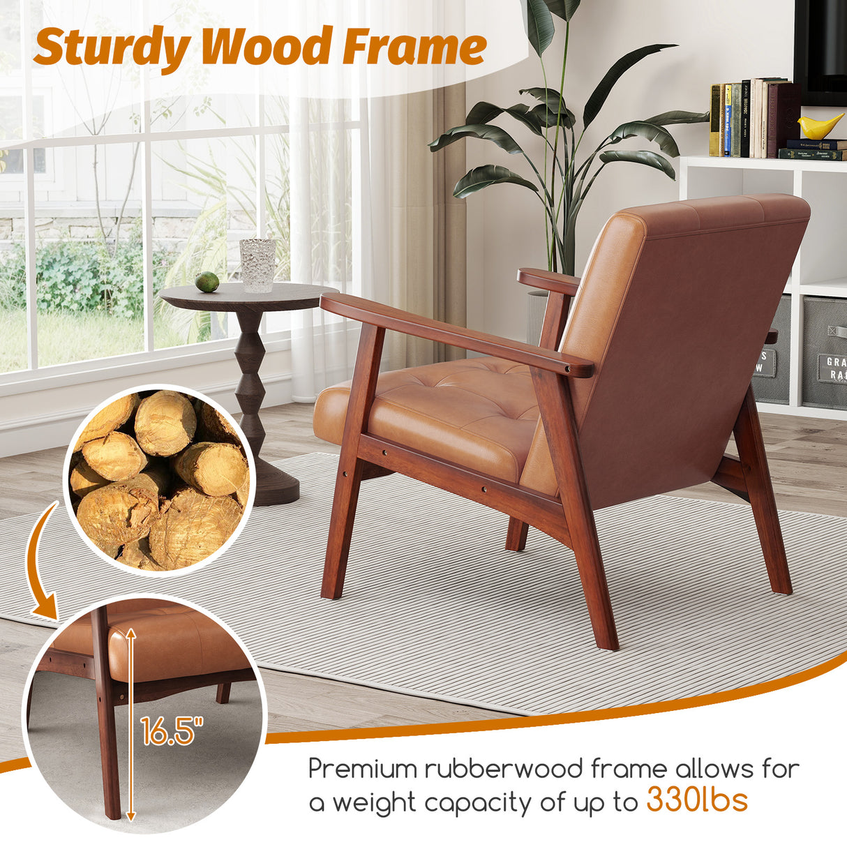 Mid Century Modern Accent Chair with Solid Rubber Wood Frame and Leather Cover-Brown