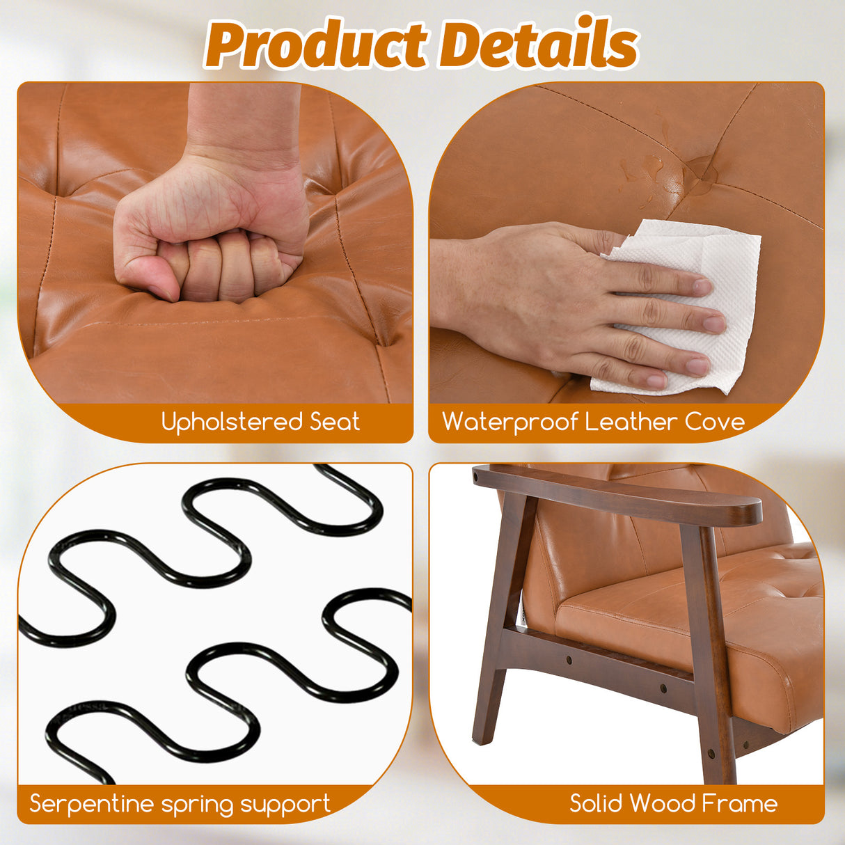 Mid Century Modern Accent Chair with Solid Rubber Wood Frame and Leather Cover-Brown